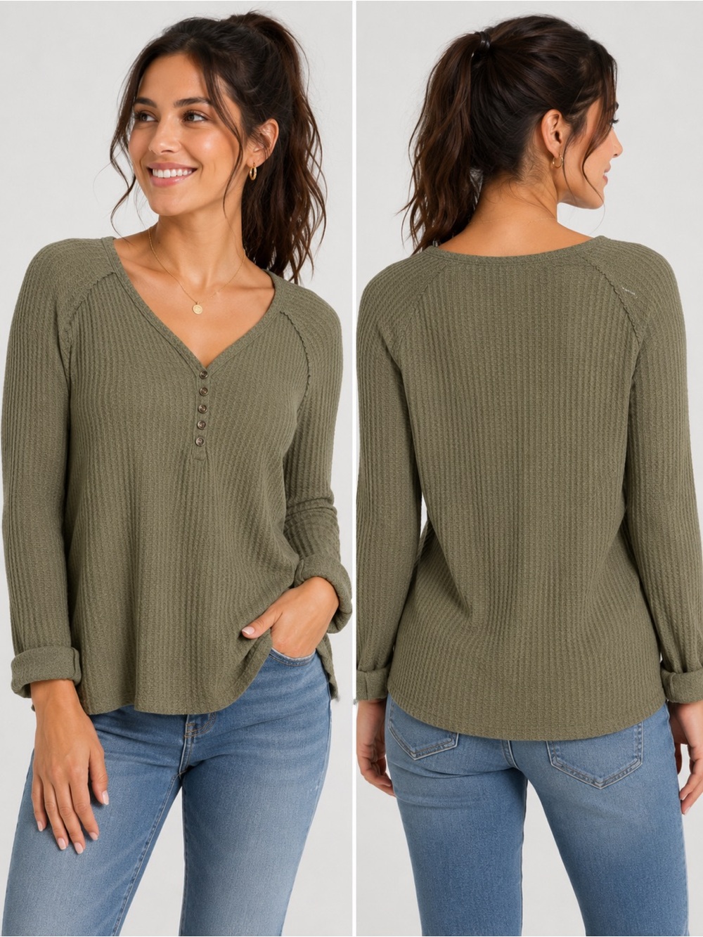 Caslon Olive Green Waffle Knit Henley Top Women’s size Large/XL Long Sleeve